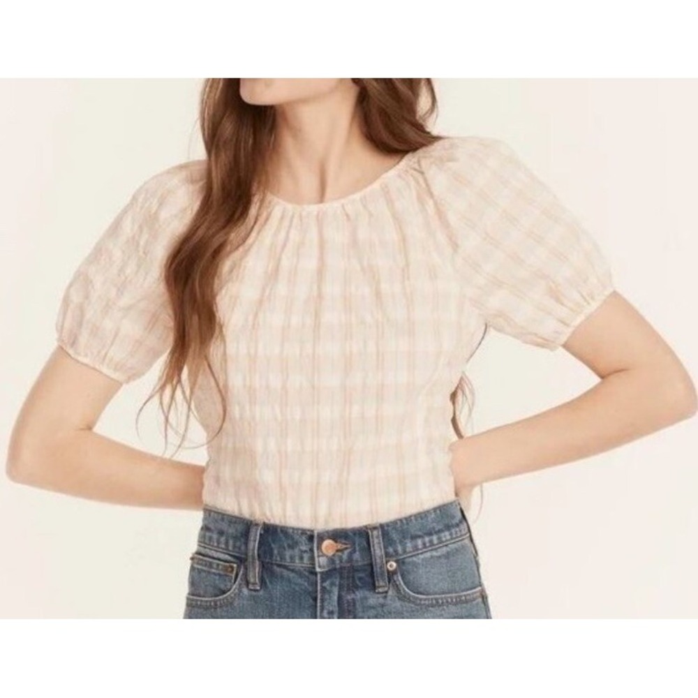 J.Crew V-back puff-sleeve top in textured plaid NWT